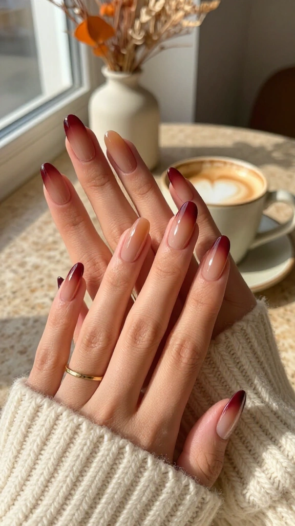 Maroon Aura Nails on Tapered Almonds
