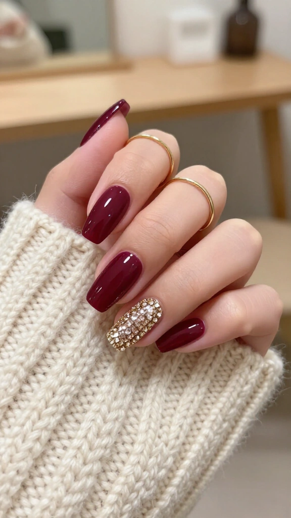 High-Shine Plum Maroon Coffin with Crystal Cuticles