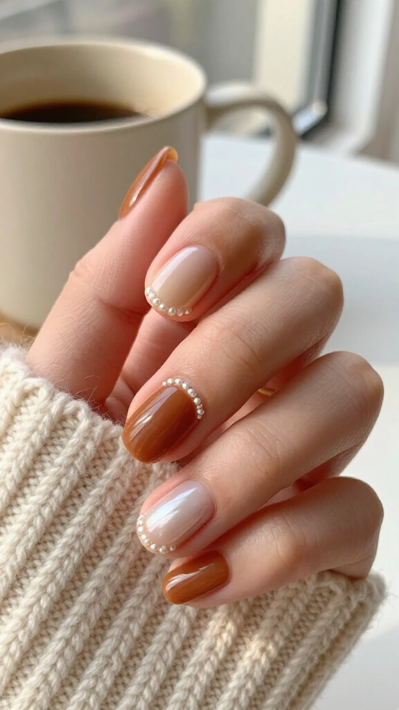 Warm toffee & real pearl accents