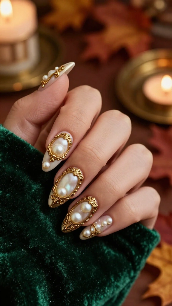 Baroque Pearl and Gilded Filigree Nails