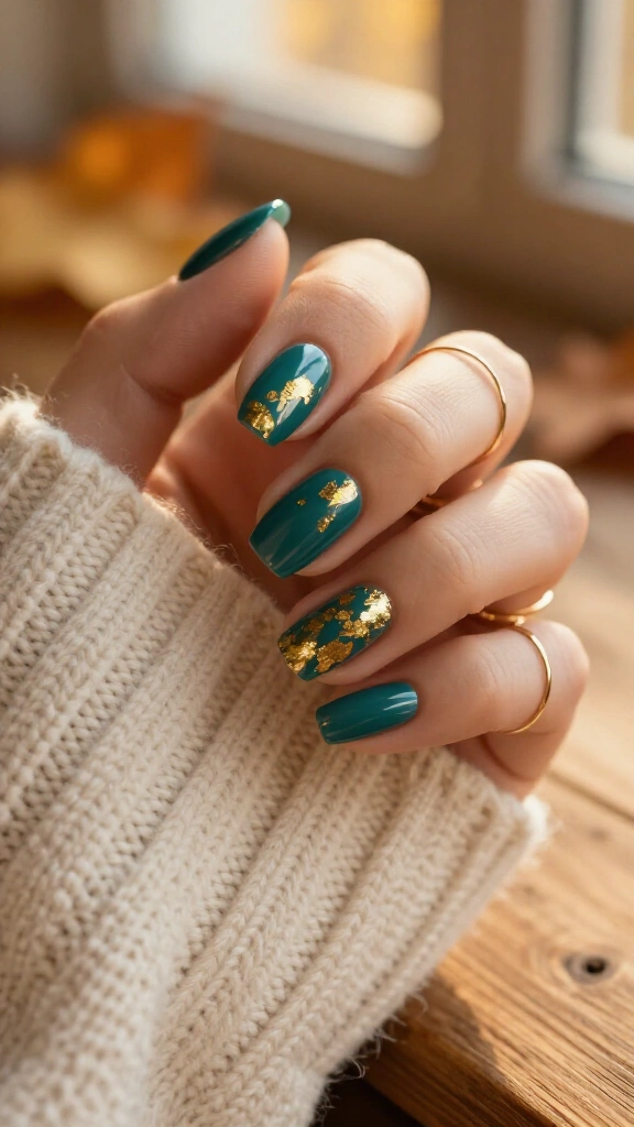Glossy Teal with Flaked Gold Leaf