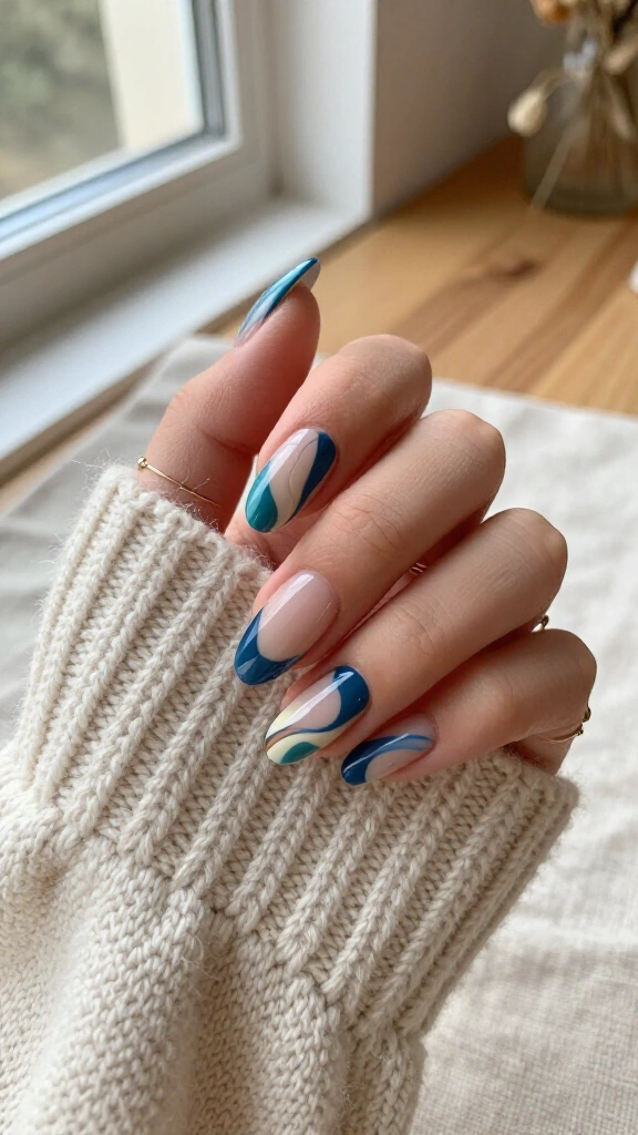 Abstract Teal Swirls on Bare Nude