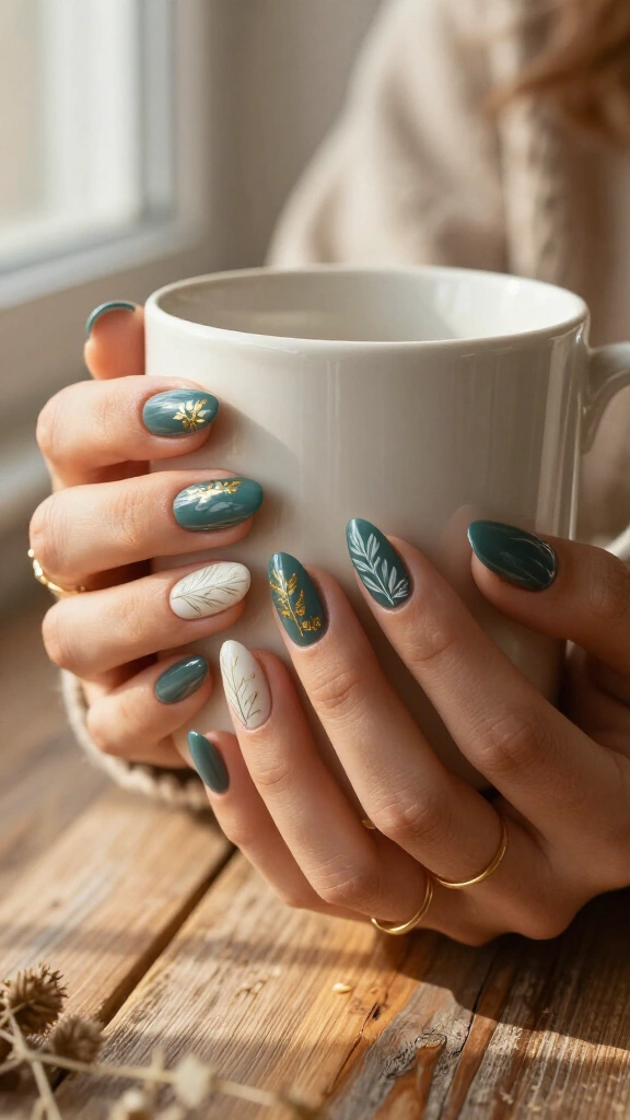 Vintage Teal with Botanical Fine Line Art