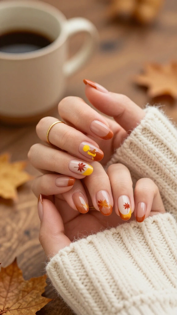 Burnt Orange French Tips with Falling Leaves