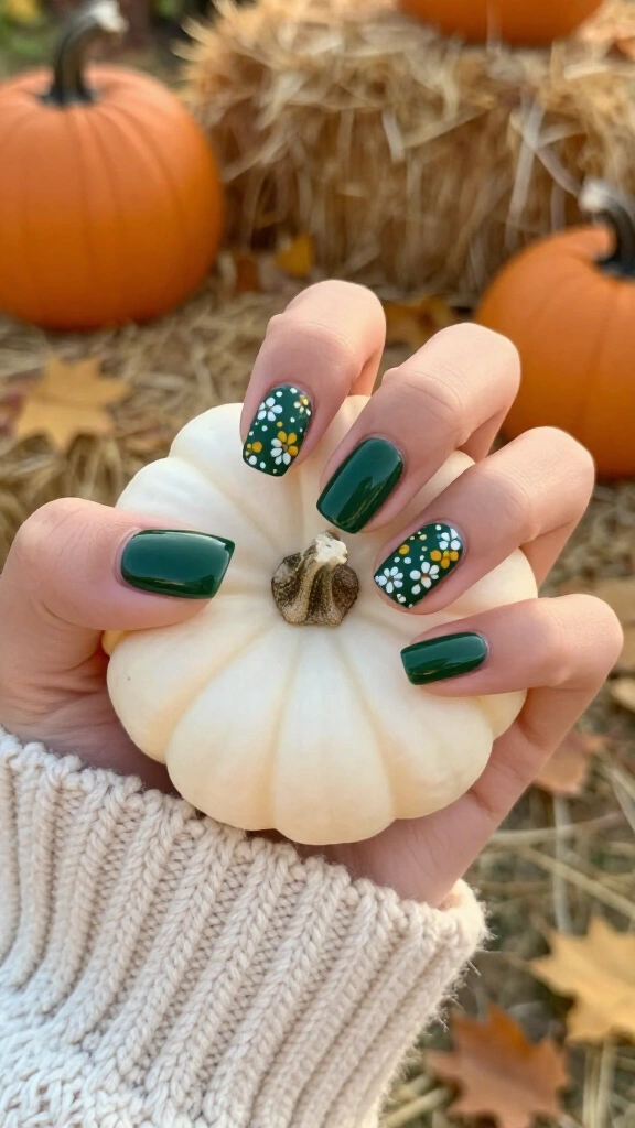 Deep Forest Green Ditsy Flowers