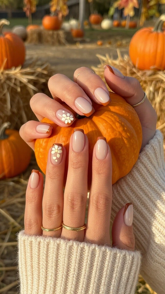 Burnt Sienna French Tips with Tiny Blossoms