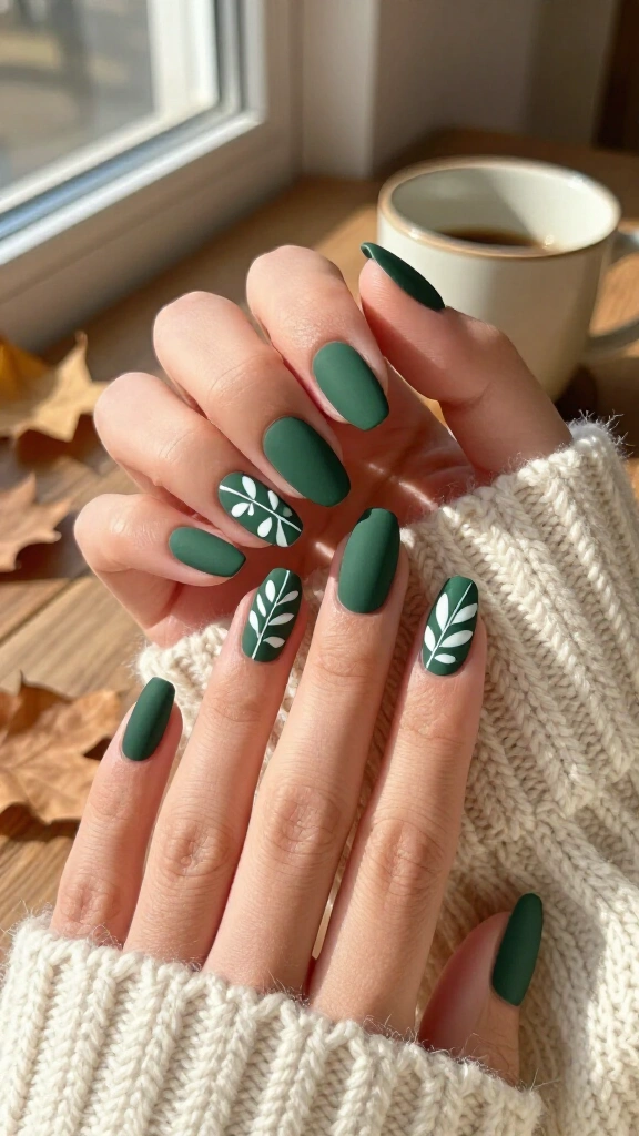 Matte Forest Green & Delicate White Leaf Veins