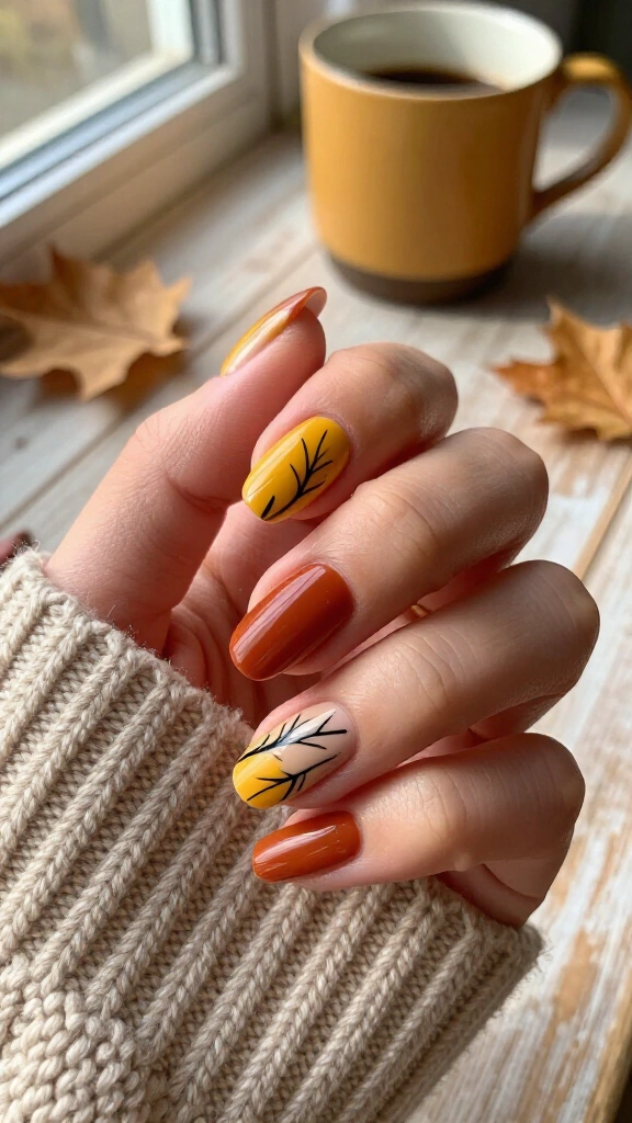 Abstract Mustard Yellow & Terracotta Brushstroke Leaves