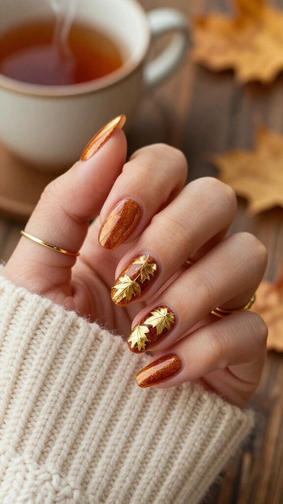 Cinnamon Spice Shimmer with Floating Gold Stencil Leaves