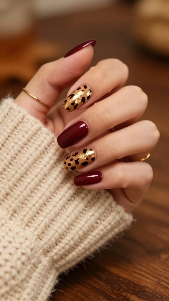 Burgundy and Gold Foil Leopard