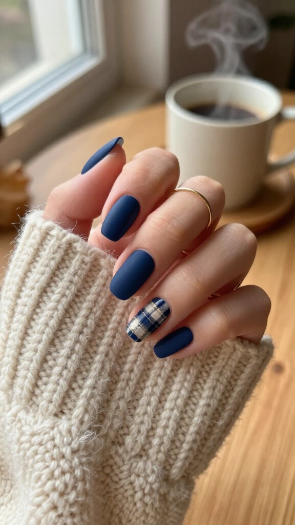 Navy and cream tartan plaid