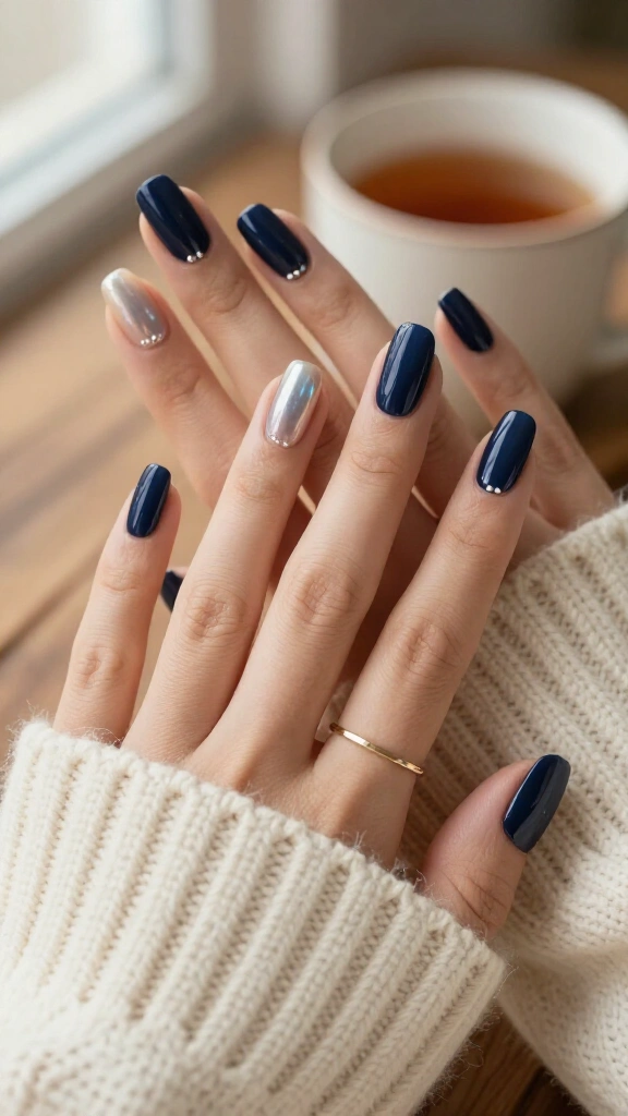 Midnight blue with micro-pearl accents