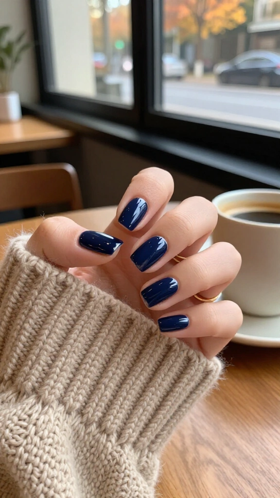 High-gloss inky navy square nails