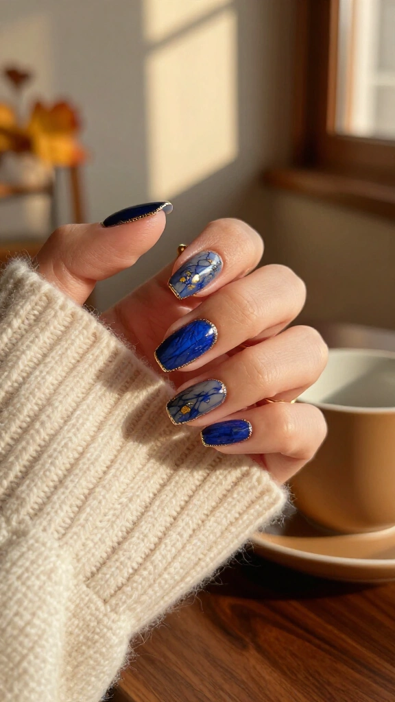 Lapis lazuli stone nails with gold rim