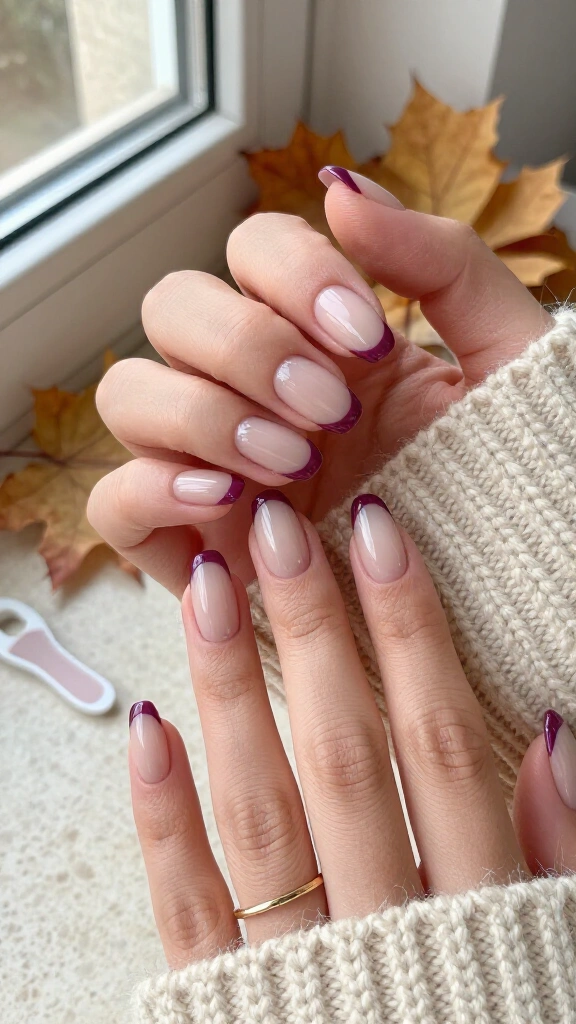 Plum French Tips on a Sheer Nude Base