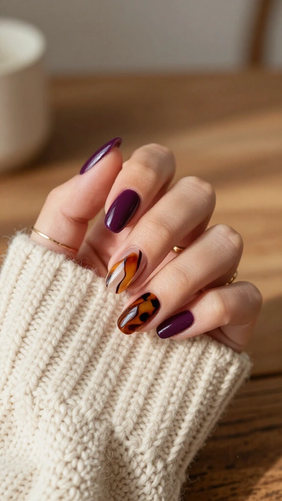 Plum and Tortoiseshell Accent Nails