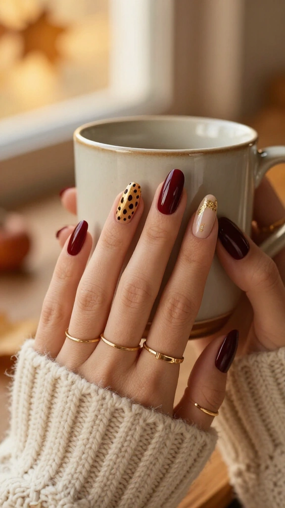 Warm burgundy and gold foil cheetah nails