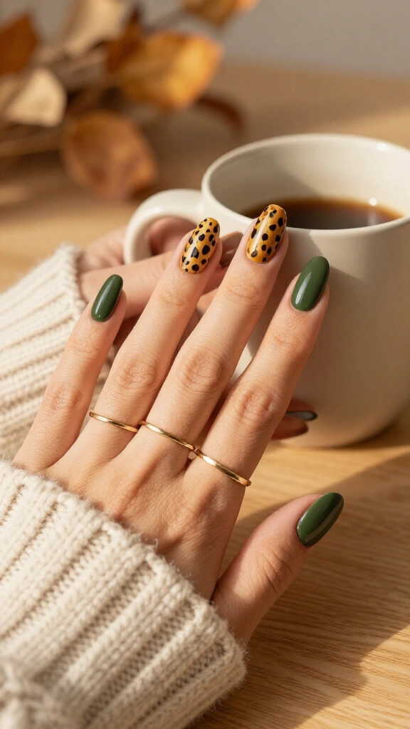 Olive green and golden ochre cheetah nails