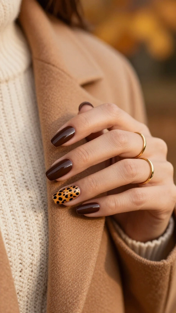 Glossy chocolate glaze with cheetah accent nails