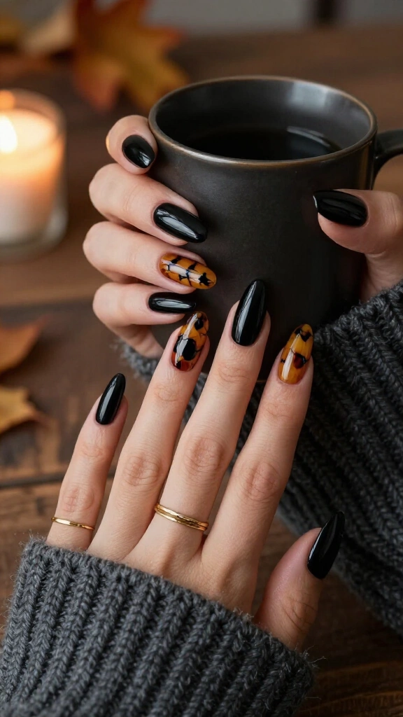 Tortoiseshell & Glossy Black Long Almond Nails