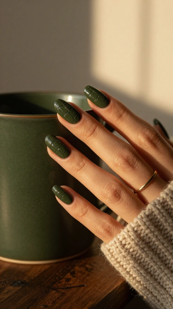 Dark Olive Croc Print Long Nails