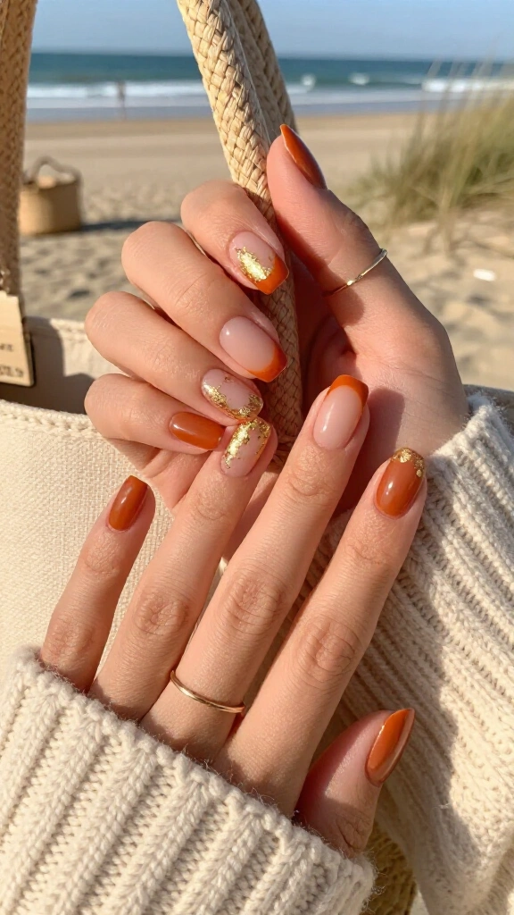 Burnt Orange Micro-French with Gold Foil Accents
