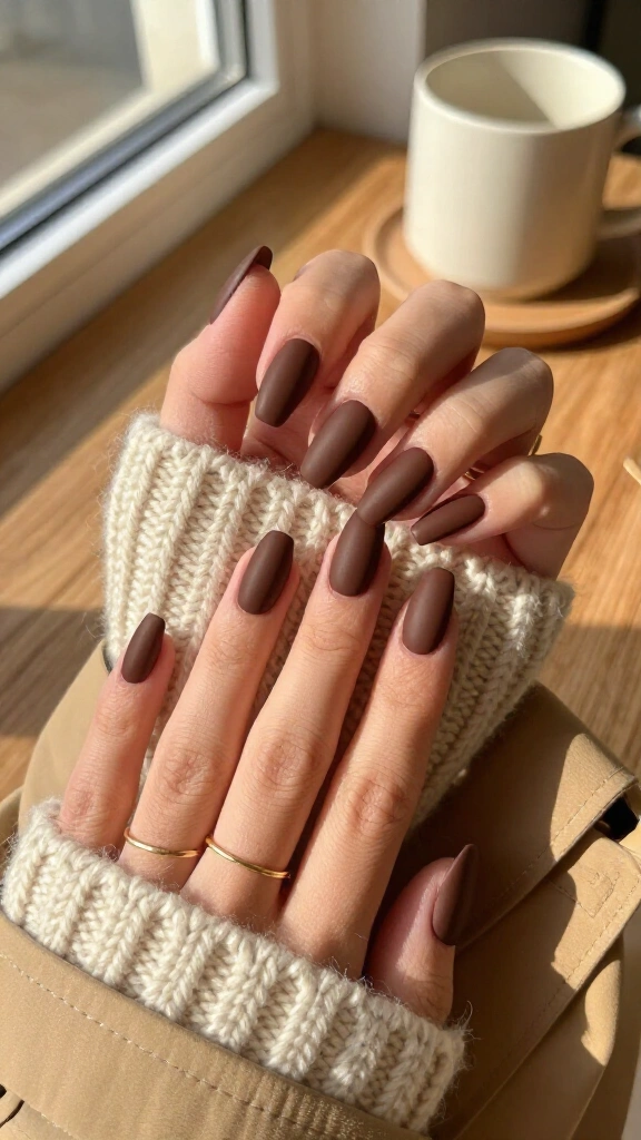 Matte Chocolate Brown Coffin Nails