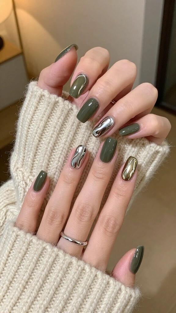 Smoky Olive Green & Abstract Chrome