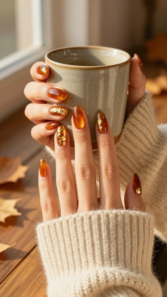 Amber Glass Nails with Gold Leaf