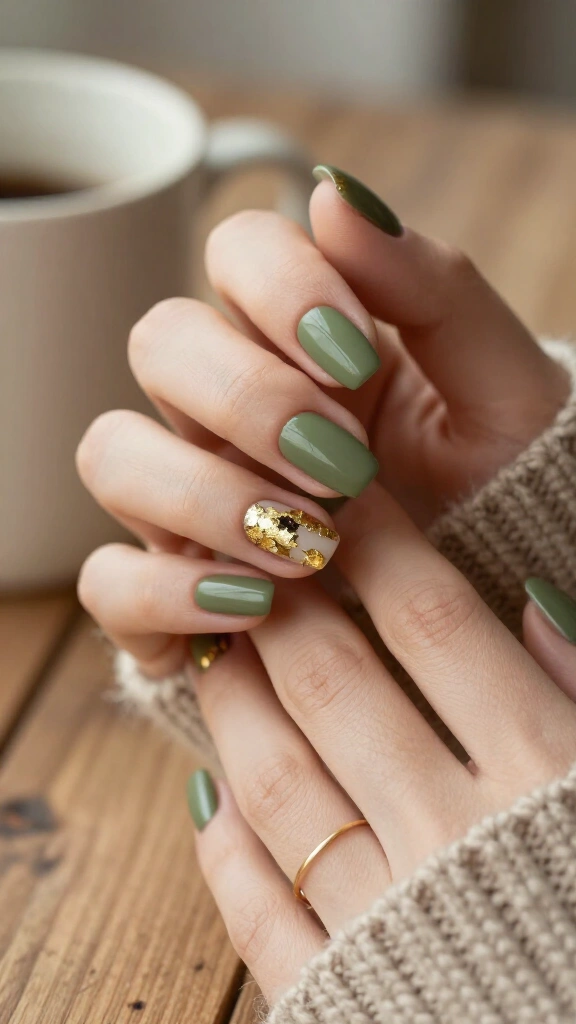 Matte olive green with gold leaf accents
