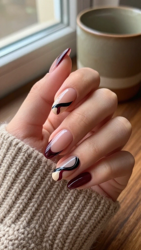Moody bordeaux and negative space swirls