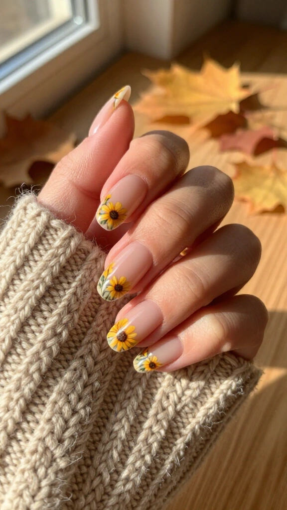 French Tips with Dainty Sunflower Petals