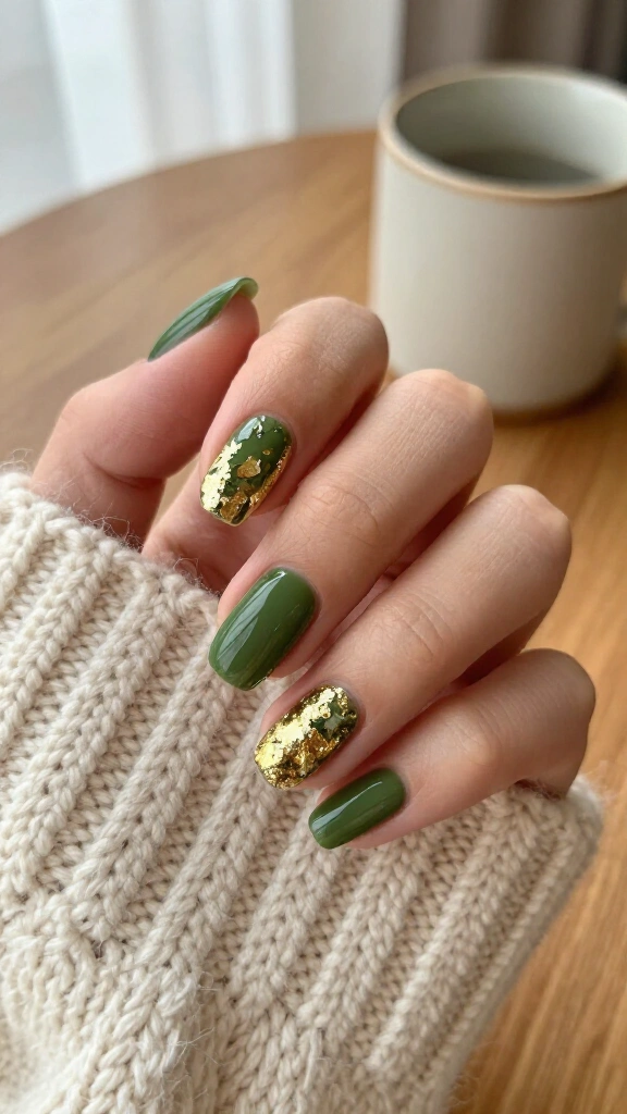 Olive and gold leaf accent nails