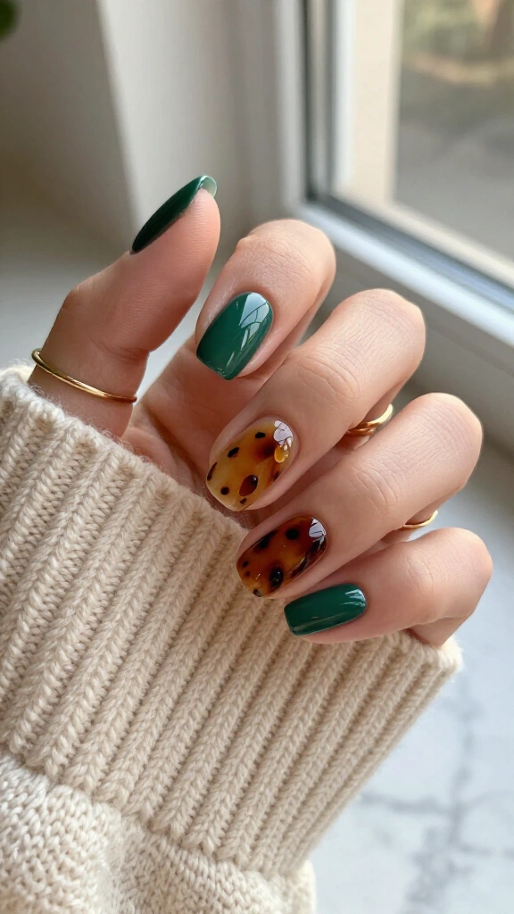 Tortoiseshell and dark jade split manicure