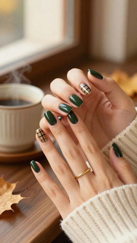 Deep woodland plaid accent nails
