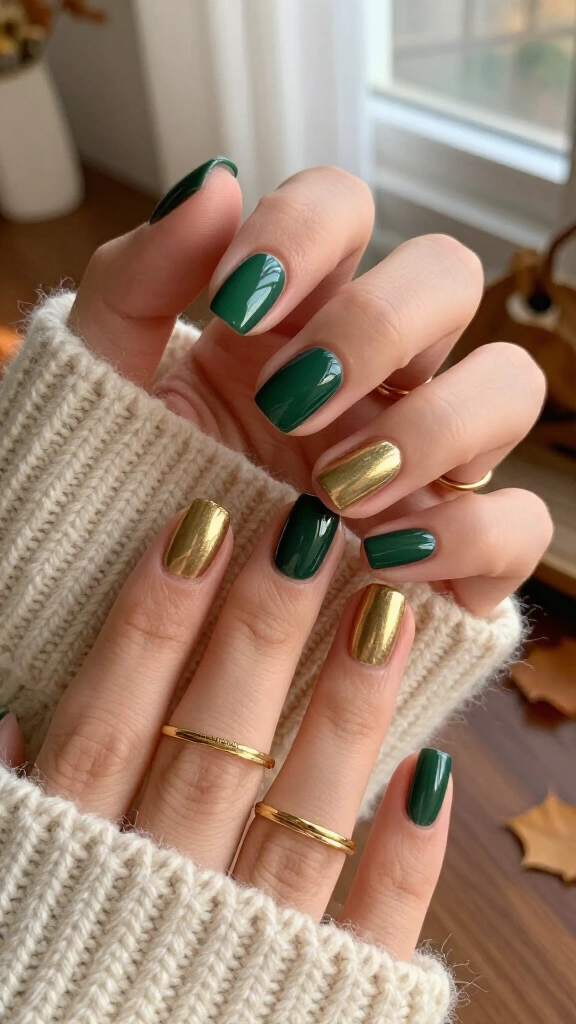 Forest green with clean metallic cuticle cuffs