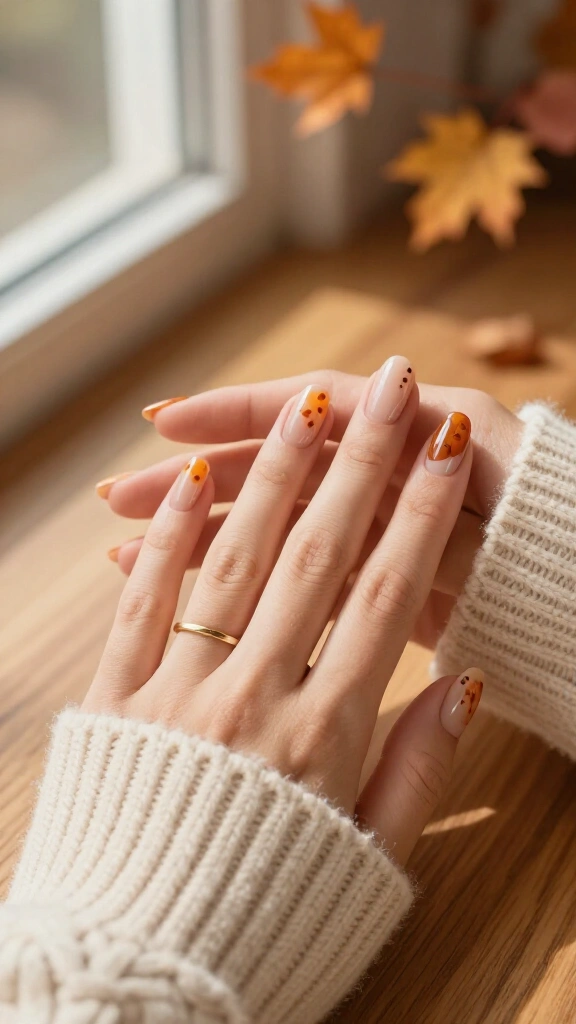 Sheer nude base with burnt orange foliage