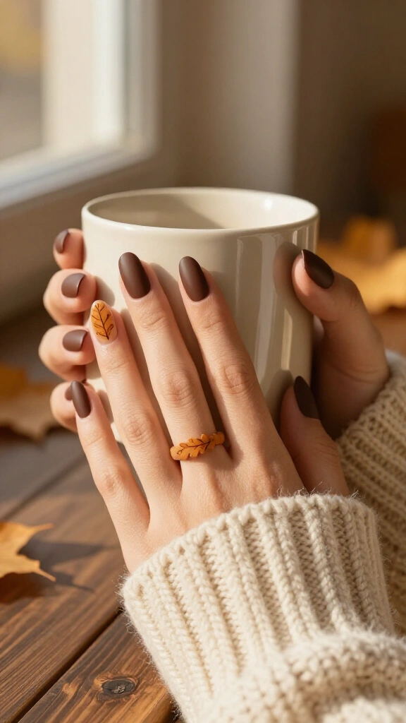 Matte chocolate brown with subtle oak leaf silhouette