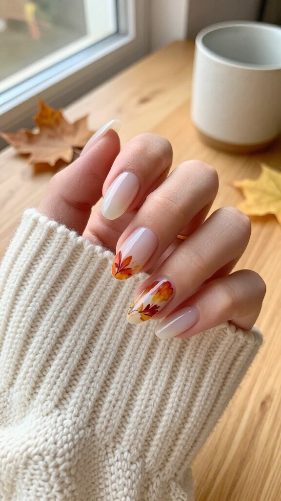 Milky white nails with watercolor fall leaves