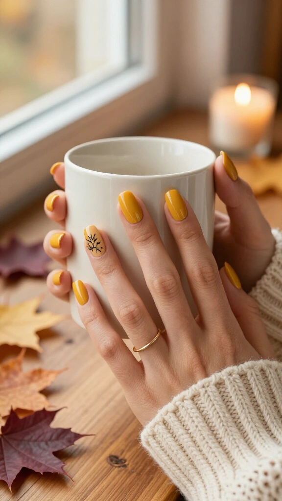 Warm mustard yellow with black botanical sketches