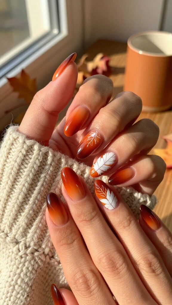 Terracotta and rust autumn ombre with stamped foliage