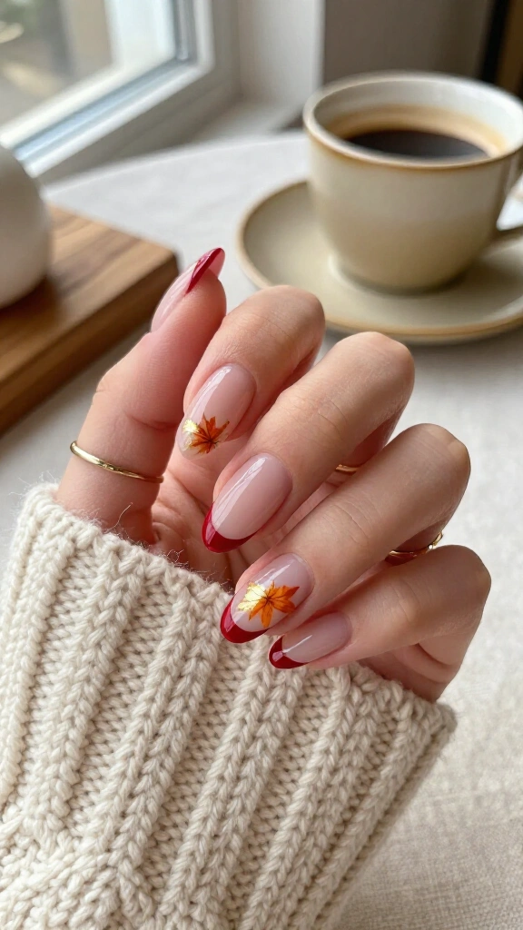 Classic crimson French with dainty corner leaves