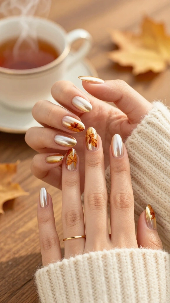 Chrome pearl finish with dainty dried leaf decals