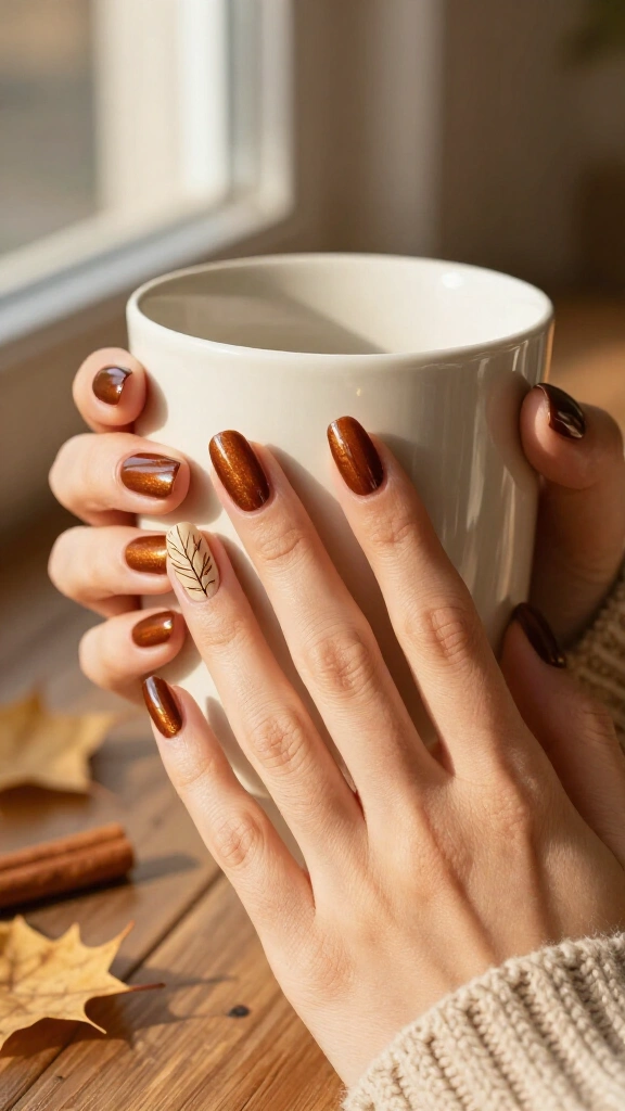 Soft cinnamon glaze with stenciled birch leaves