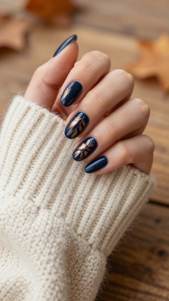 Moody navy blue with shimmering bronze foliage