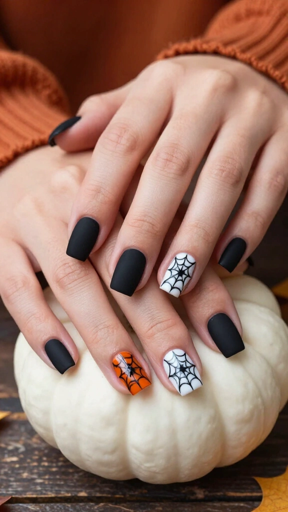 Matte Spiderweb Accent Nails