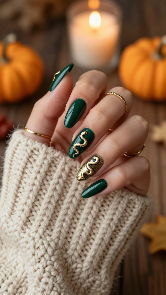 Emerald Green Serpent & Witchcraft Nails