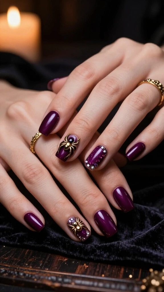 Gilded Spider Charms on Moody Plum