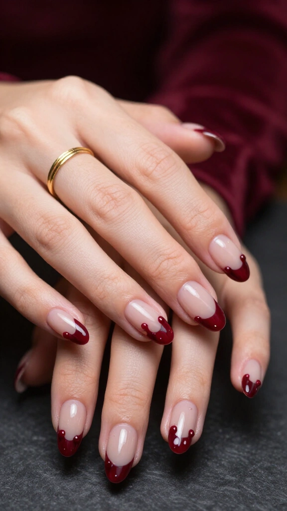 Glossy Crimson Drips on Sheer Nude