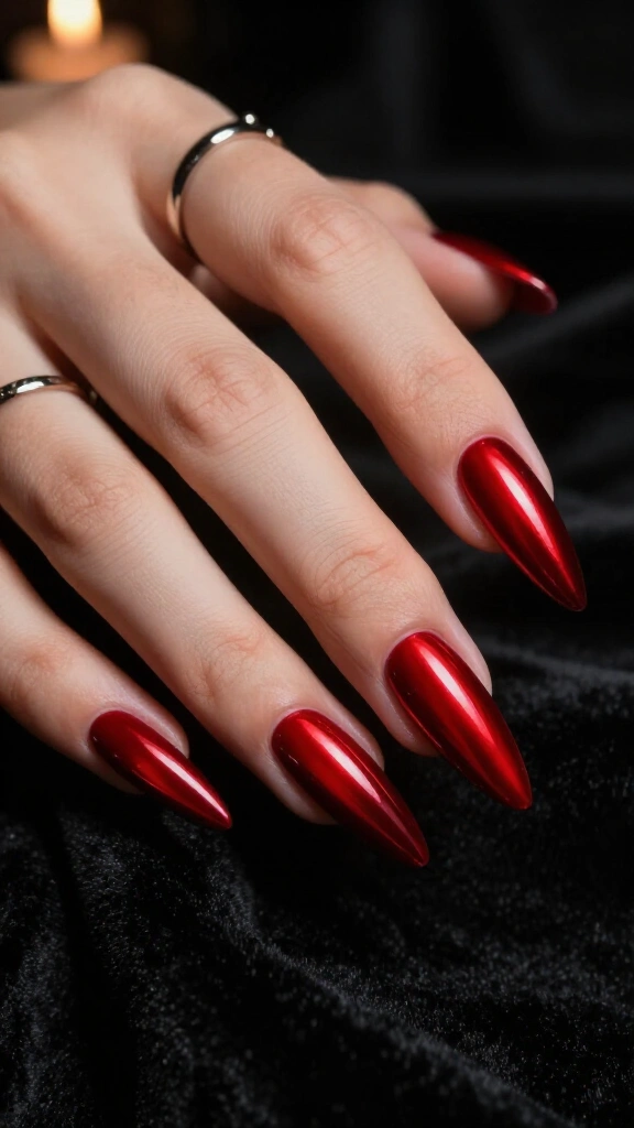 Ruby Red Chrome Stiletto Nails